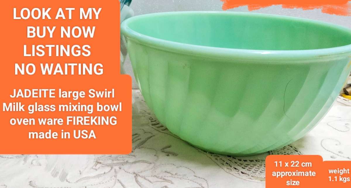 4-1Jadeite Swirl milk Glass Mixing Bowl Oven Ware FIREKING USA+3othersLOOK AT MY BUY NOW-NO WAITING