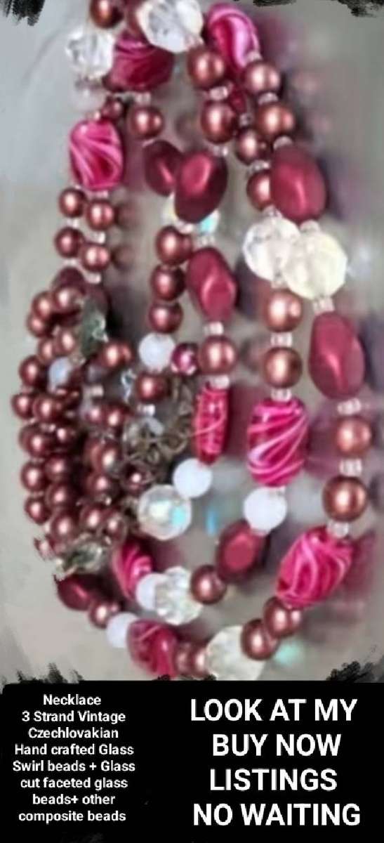 Necklace Bib 3 strand Czechoslovakia Purple Swirl glass hand made+Crystals faceted cut glass beads