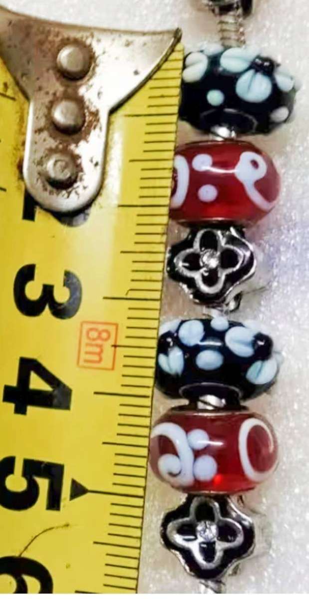 NECKLACE -  Italian EUROPEAN Art Glass Black +white flower Metal core beads crystals+snake chain