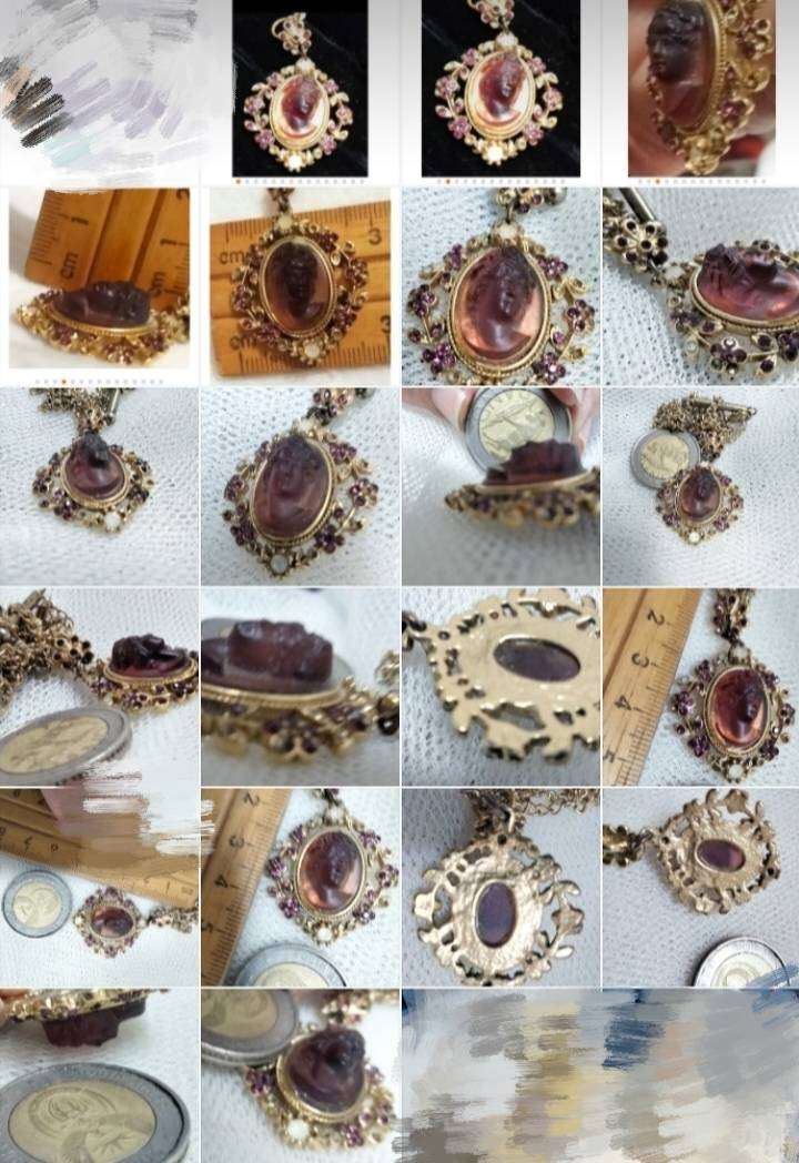 Necklace 1980 CAMEO 3D Glass Amethyst fab Rhinestones in flowers+leaves rope trim chain gold tone