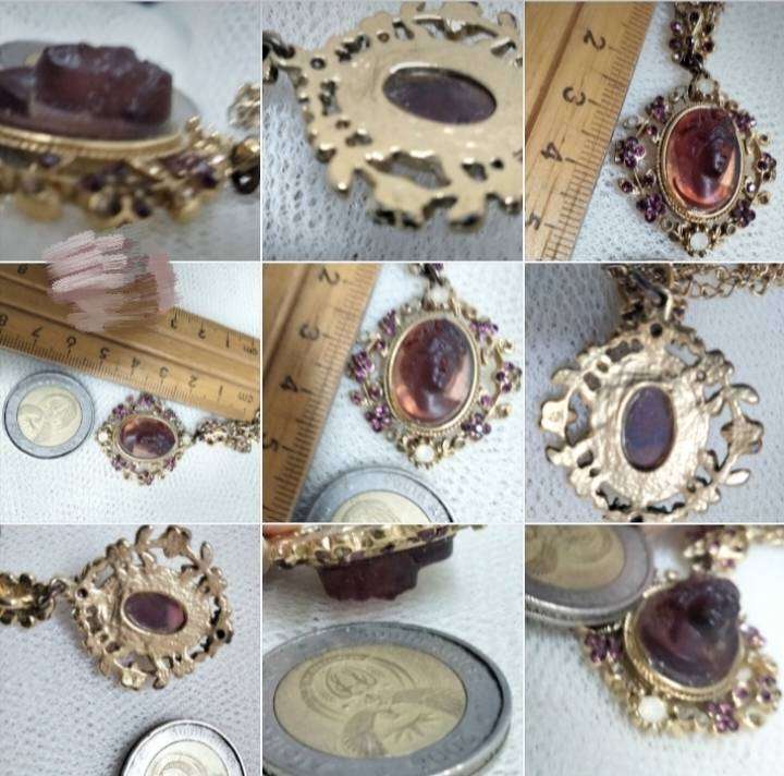 Necklace 1980 CAMEO 3D Glass Amethyst fab Rhinestones in flowers+leaves rope trim chain gold tone