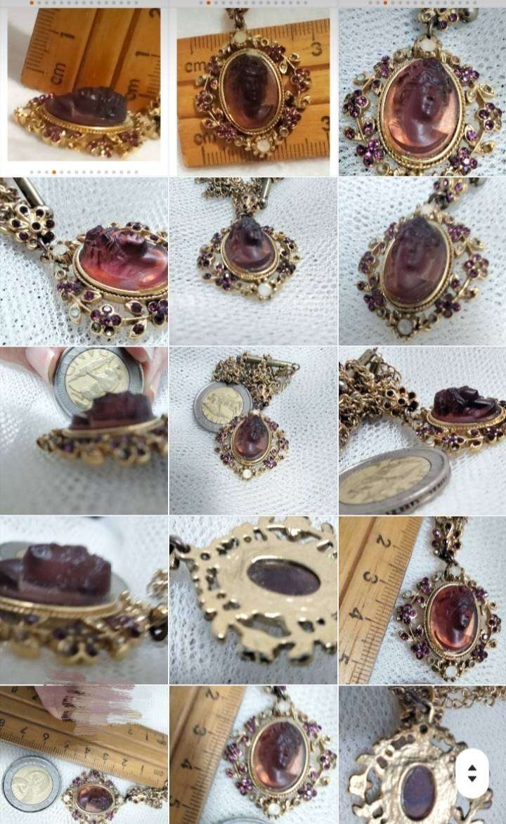 Necklace 1980 CAMEO 3D Glass Amethyst fab Rhinestones in flowers+leaves rope trim chain gold tone