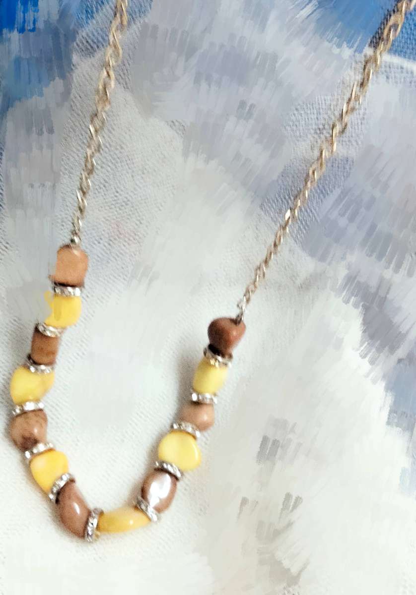 Necklace Jasper semiprecious gemstones yellow+brown+chain Silver tone Look at my Buy Now-No Waiting