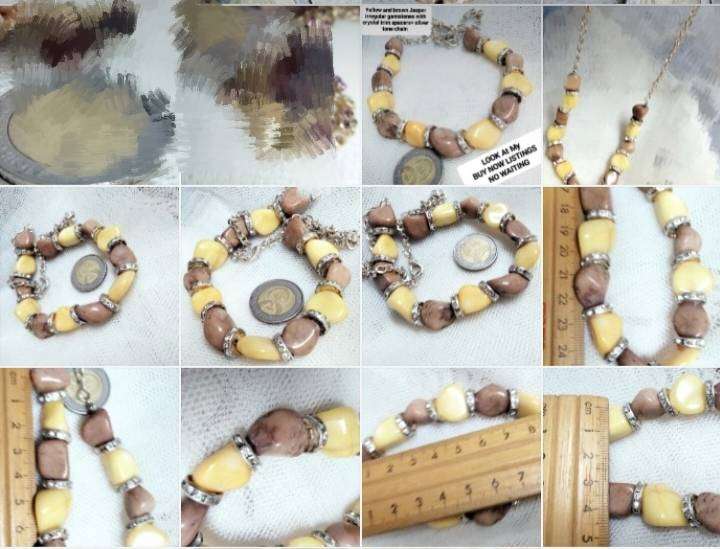Necklace Jasper semiprecious gemstones yellow+brown+chain Silver tone Look at my Buy Now-No Waiting
