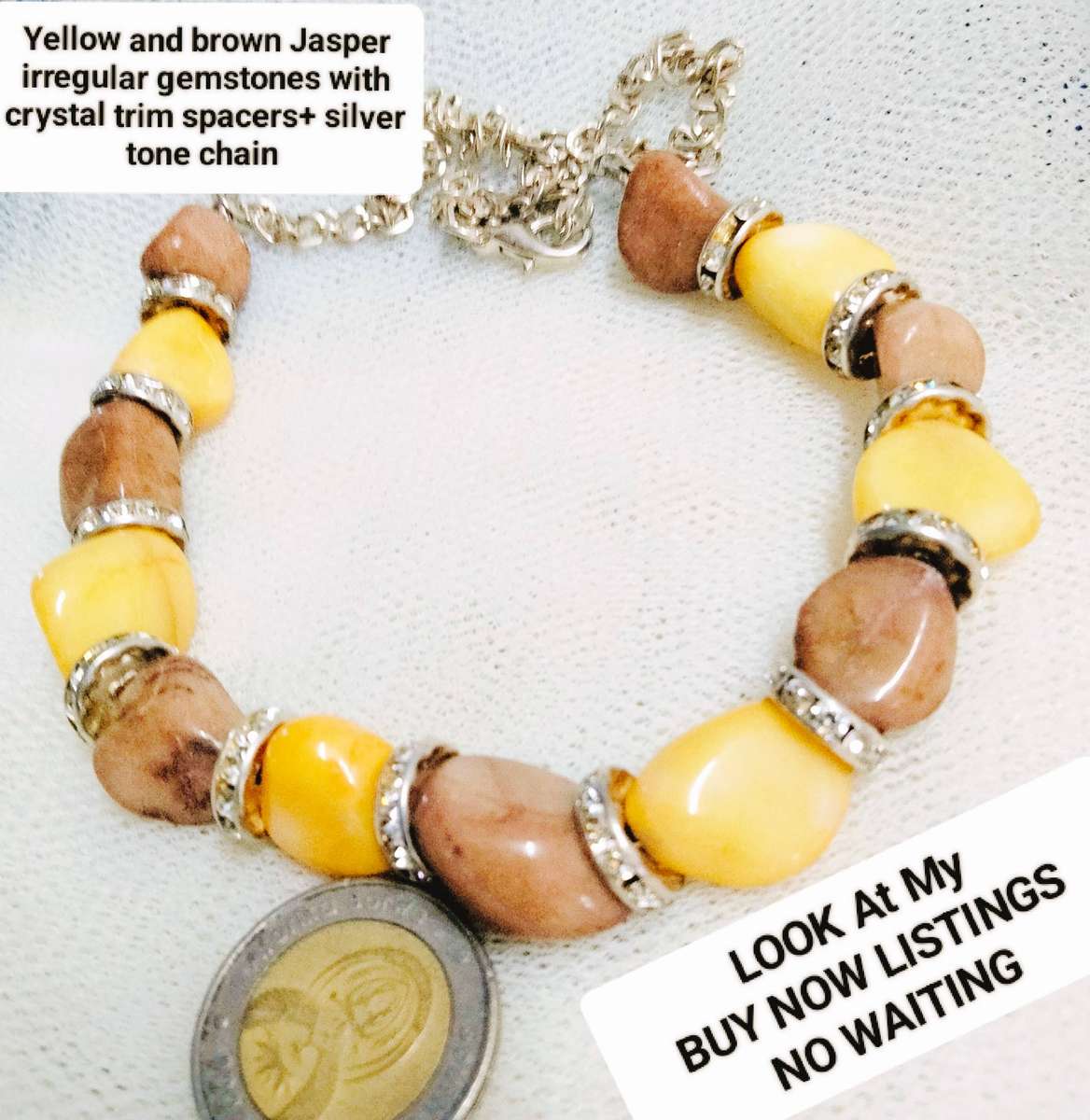 Necklace Jasper semiprecious gemstones yellow+brown+chain Silver tone Look at my Buy Now-No Waiting