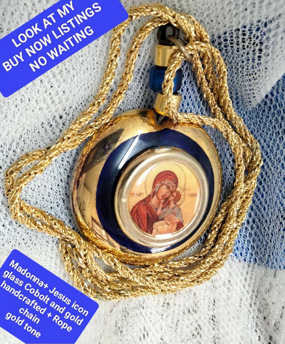 Necklace Icon Cobolt gold trim Handcrafted + decorated + Rope chain gold tone