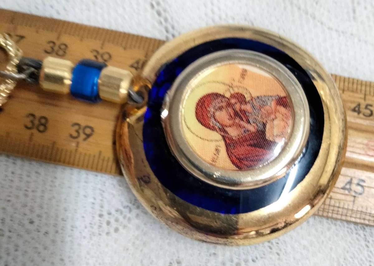 Necklace Icon Cobolt gold trim Handcrafted + decorated + Rope chain gold tone