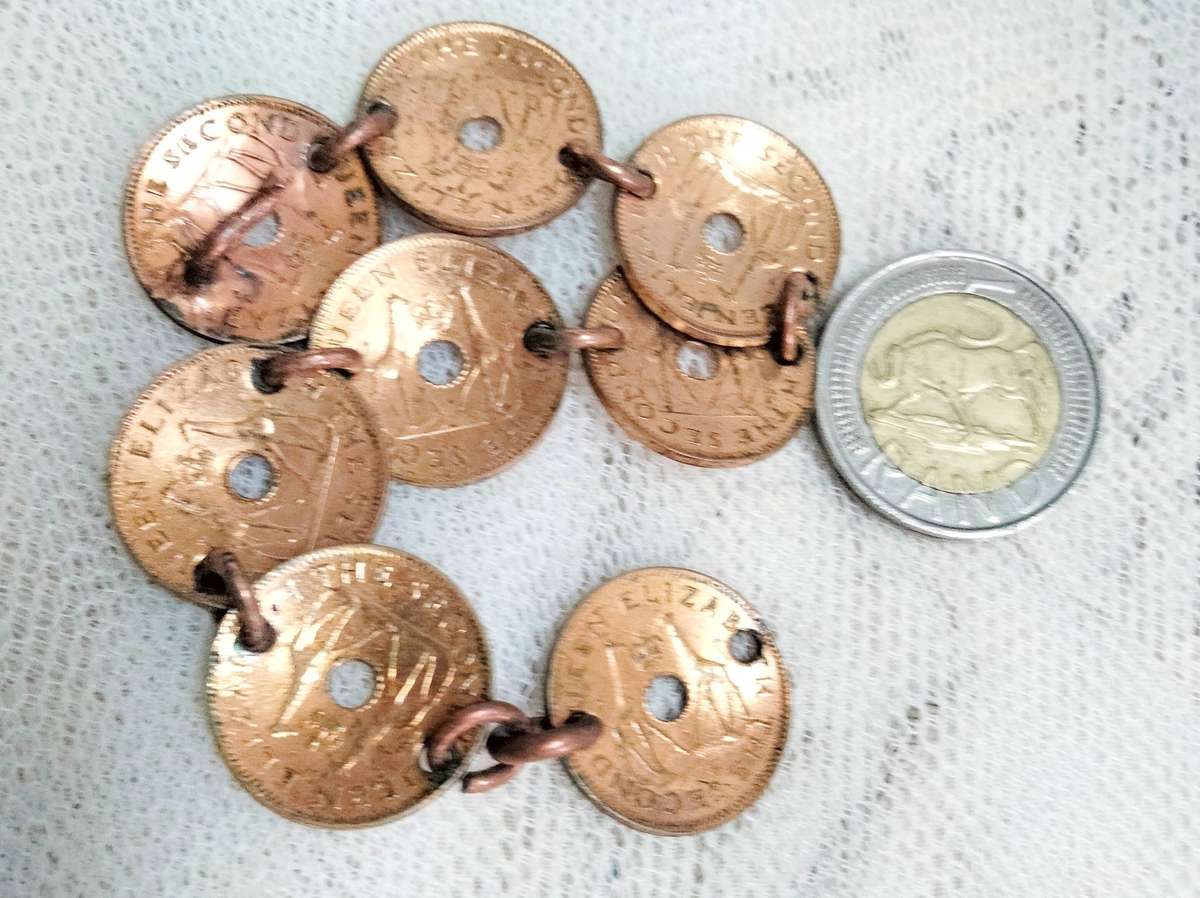 bracelet- Coins Rhodesia+Nyasaland half penny  link rings into holes LOOK At My BUY NOW NO WAITING