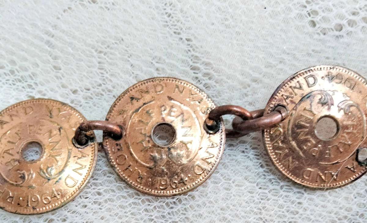 bracelet- Coins Rhodesia+Nyasaland half penny  link rings into holes LOOK At My BUY NOW NO WAITING