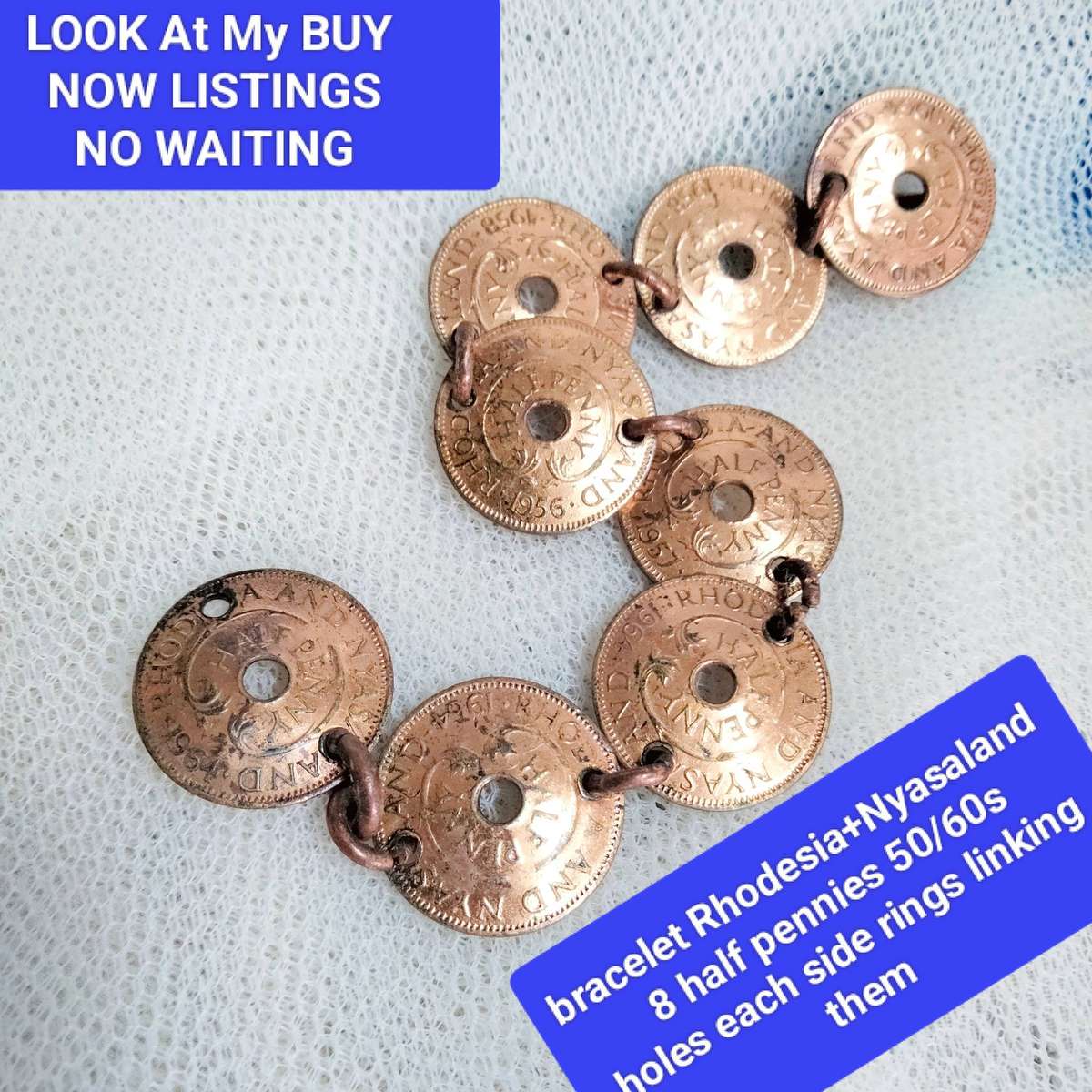 bracelet- Coins Rhodesia+Nyasaland half penny  link rings into holes LOOK At My BUY NOW NO WAITING