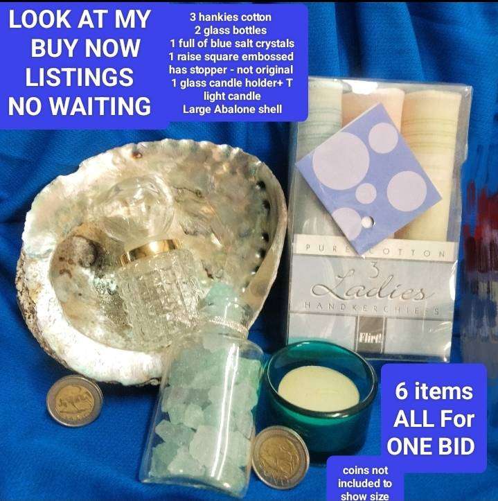 Abalone organic shell+2 glass bottles 1 full blue salt crystals+Perfume empty+stopper 3 hankies