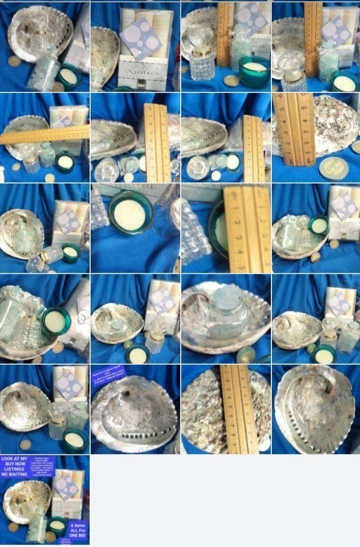 Abalone organic shell+2 glass bottles 1 full blue salt crystals+Perfume empty+stopper 3 hankies