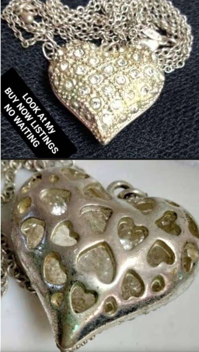 Necklace signed Avon Chain Silver - Gold  Pendant PUFF Heart Masses Crystal - Back Cutout Hearts