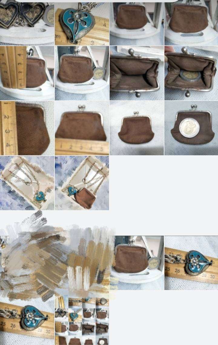 Pendant Heart Double sided hinged Nouveau style oxidised tone+1 chain metal tone+COIN Purse