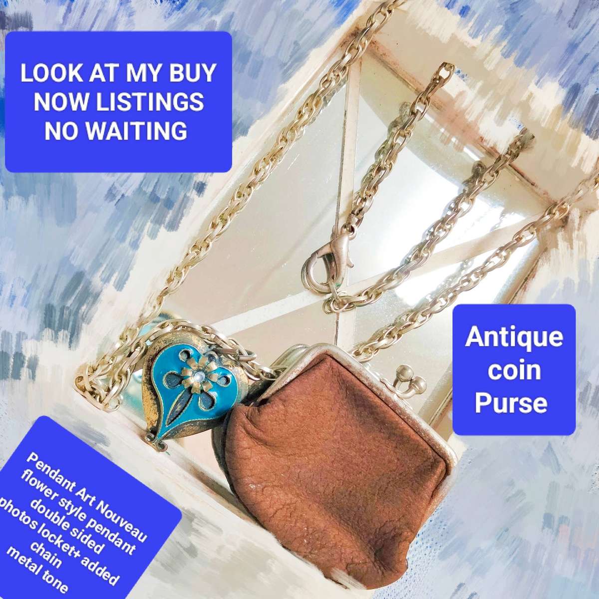 Pendant Heart Double sided hinged Nouveau style oxidised tone+1 chain metal tone+COIN Purse