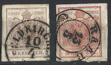 Austria imperf 3 and 6 kreuzer used prior to 1891