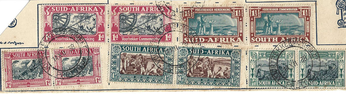 Voortrekker Monument/Centenary  set and part set cancelled on day of issue on piece.