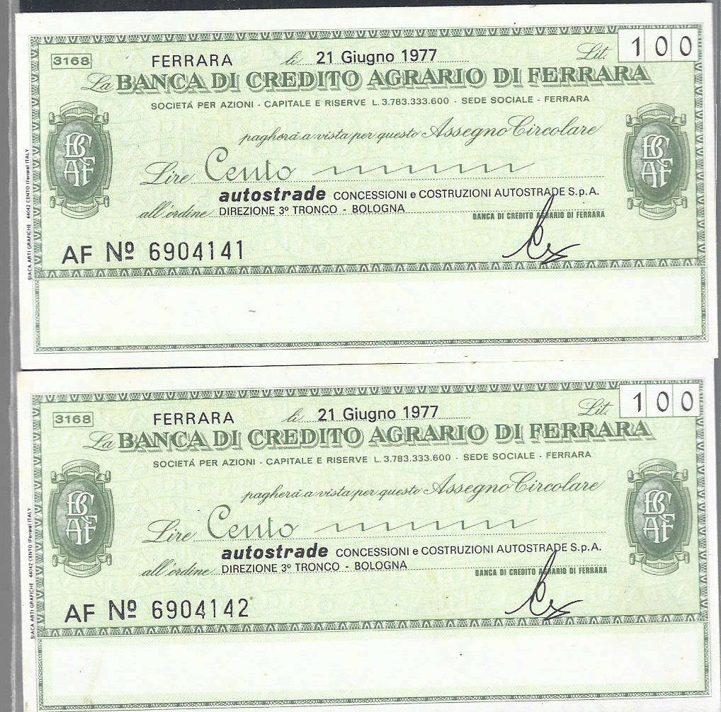 Italy 19two 77 Local Bank Notes 100 litre uncirculated ending in numbers 141 and 142 per scan