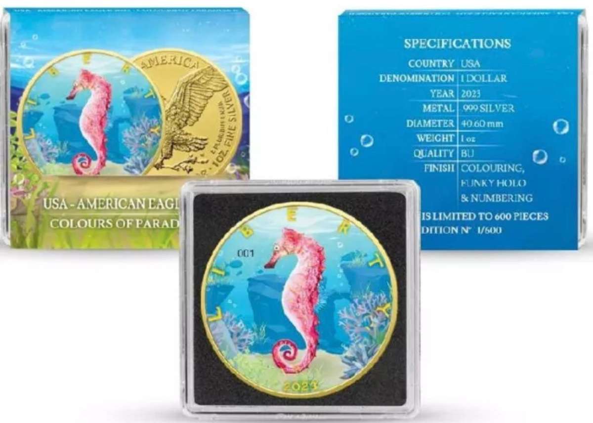 Seahorse Colour Of Paradise II USA American Eagle 2023 1 oz Pure Silver Colorized Coin