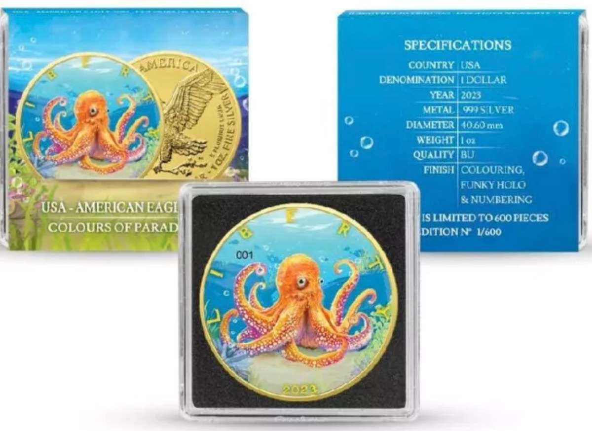 Octopus Colour Of Paradise II USA American Eagle 2023 1 oz Pure Silver Colorized Coin