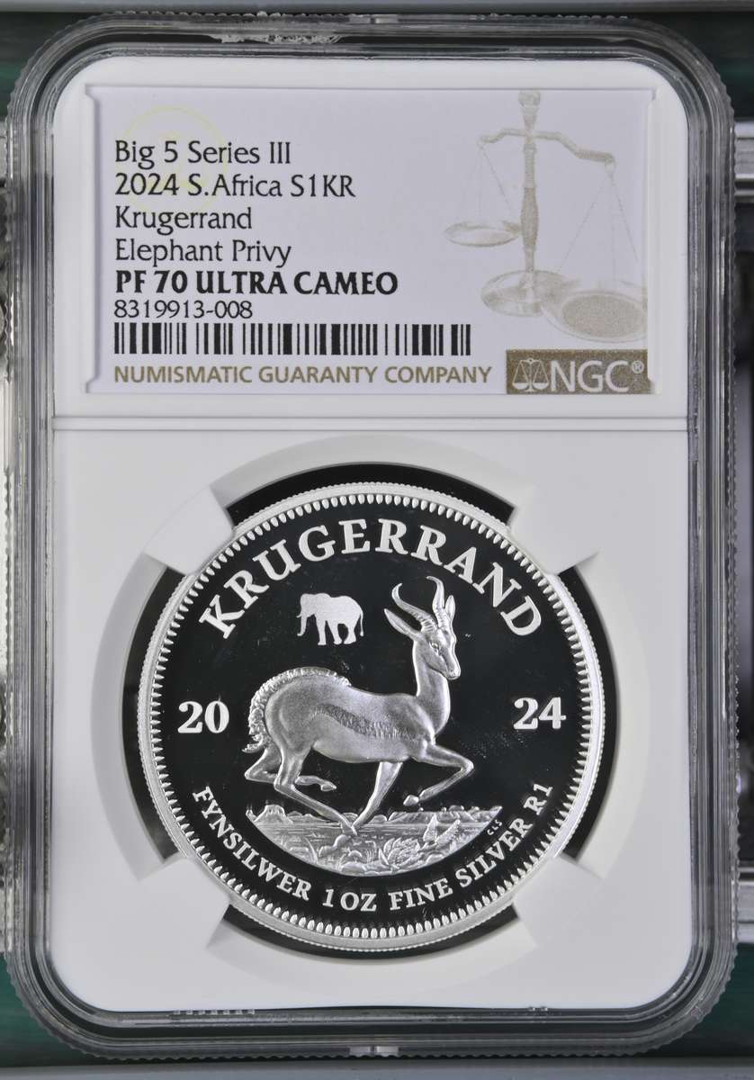 South Africa 1oz Silver Krugerrand SR5 Big 5 Series 3 Elephant Privy 2024 NGC Grade PF70 - Proof