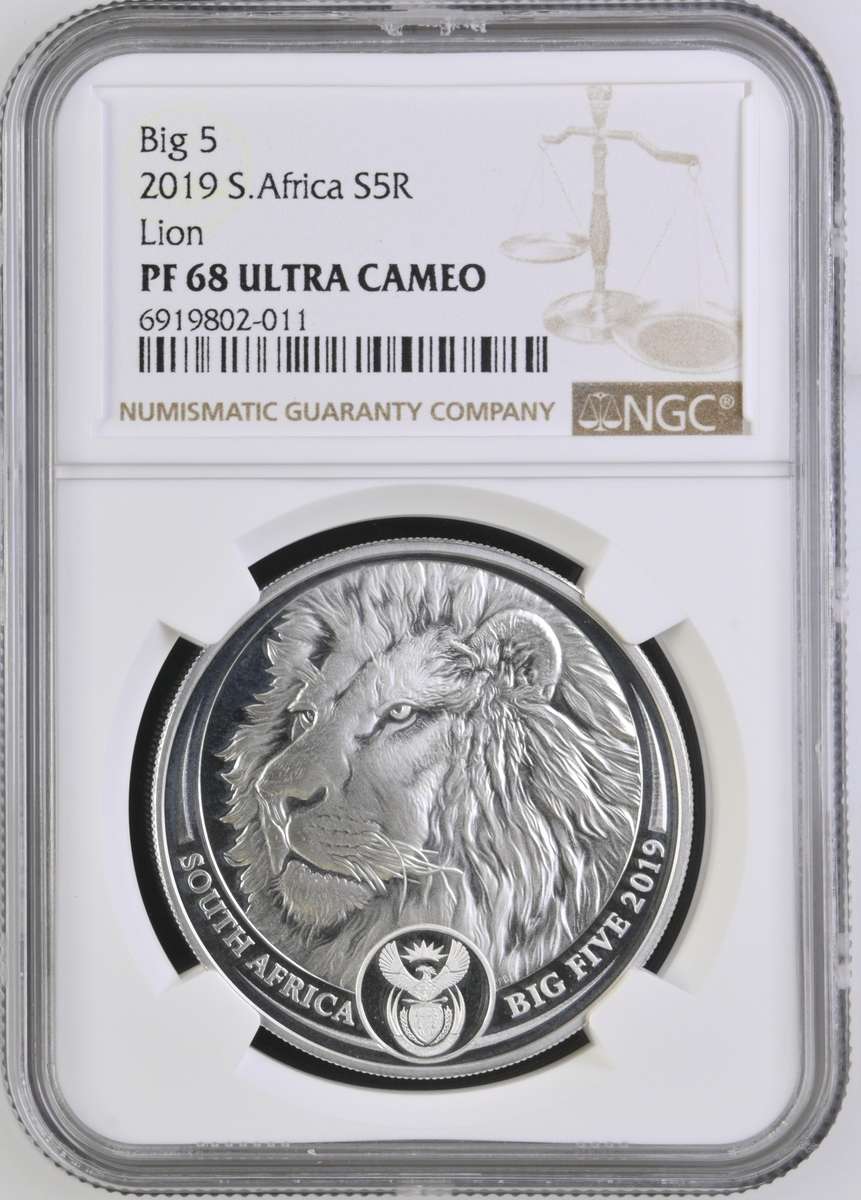 South Africa: 2019 1oz Silver R5 Big 5 Series II  Lion PF 68 Ultra Cameo NGC Graded PF 68
