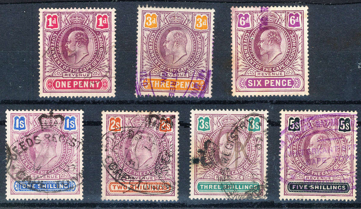 Cape of Good Hope Revenue Stamps - 1903 - Edward 7 - 1d to 5s seven fine fiscally used .