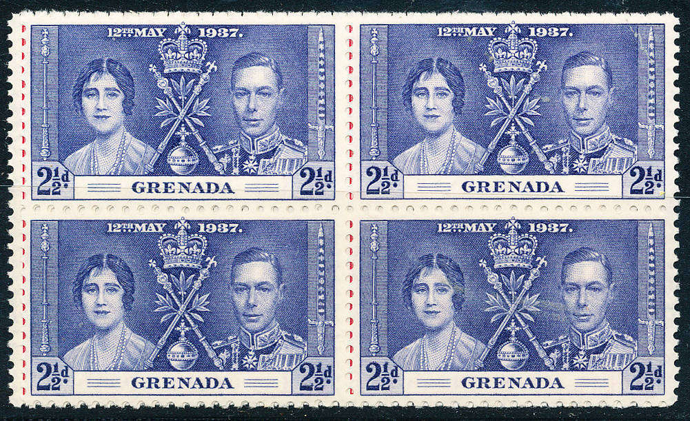 Grenada - 1937 - Coronation - set of 3 blocks of 4 mint unhinged . SG 149-151 .