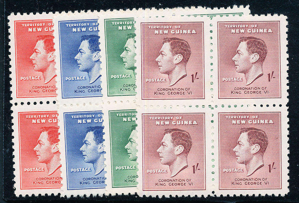 New Guinea - 1937 - Coronation - set of 4 blks of 4 mint unhinged . SG 208-211 .