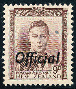 New Zealand Official Stamps - 1947 - 51 - Geo 6 - 9d purple-brown mint hinged . SG 0156 .