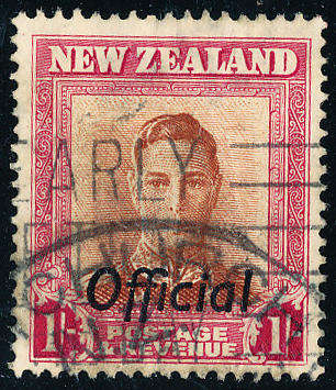 New Zealand Official Stamps - 1947-51 - KGVI - 1s red-brown & carmine wmk sideways (Pl. 1) fine used