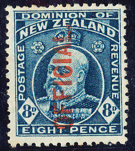 New Zealand Official Stamps- 1910-16 - Edw 7 - 8d indigo (Red Ovpt) fine used . SG O 76 .