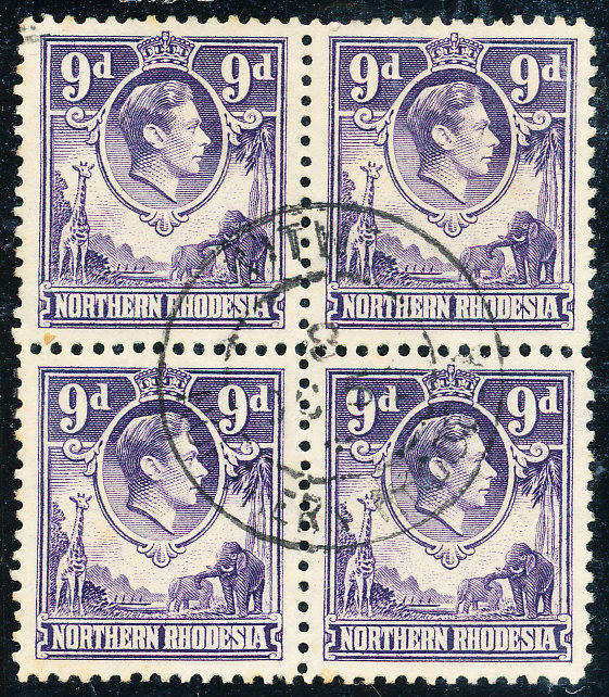 Northern Rhodesia - 1938- 52 - Geo 6 - 9d violet fine used block of 4 . SG 39 .