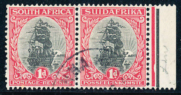 South Africa - 1926 - Lon Ptg - 1d black & carmine right marginal horiz pair fine used . SACC 30L .