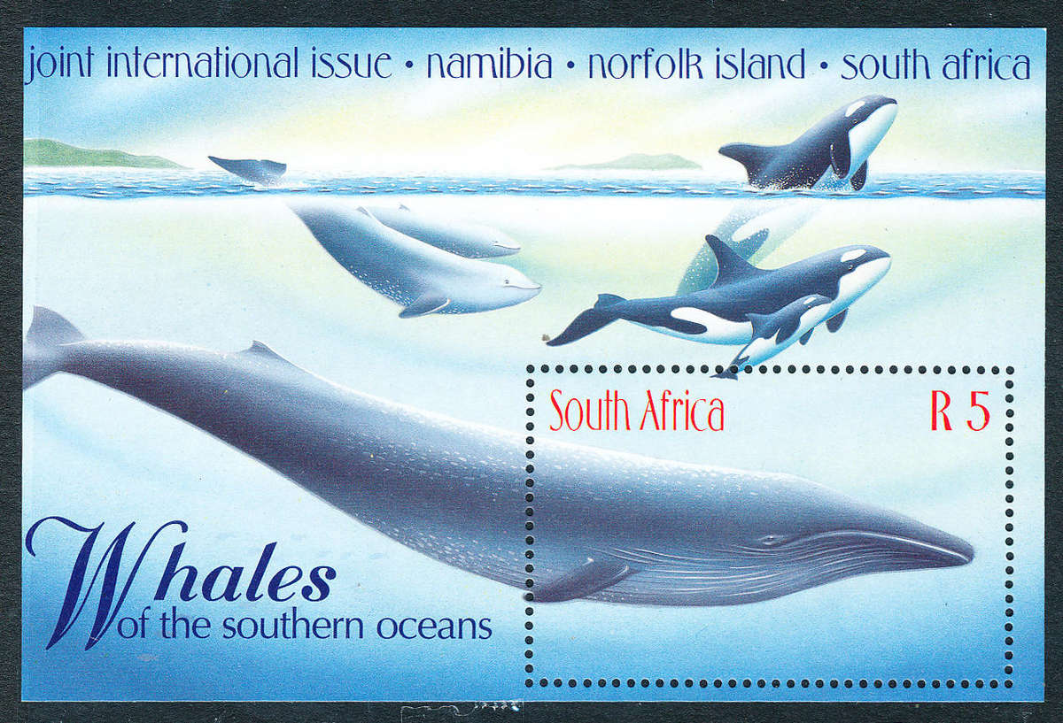 South Africa - 1998 - Whales - R5 m/sheet mint unhinged . SACC 1176 .