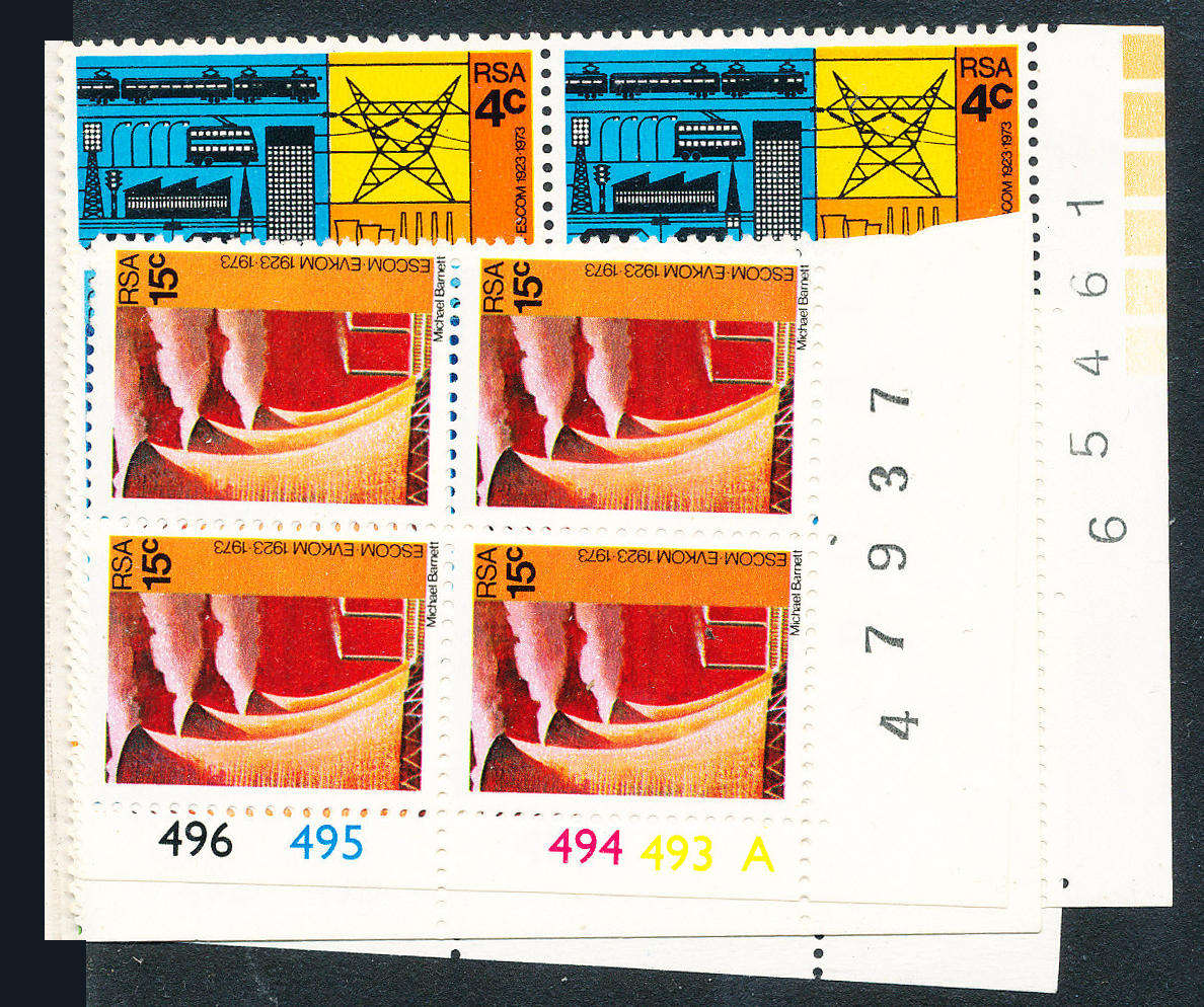 South Africa - 1973 - Eskom - set of cyl blks of 4 A + B 5c Value mint unhinged . SACC 338-340 .