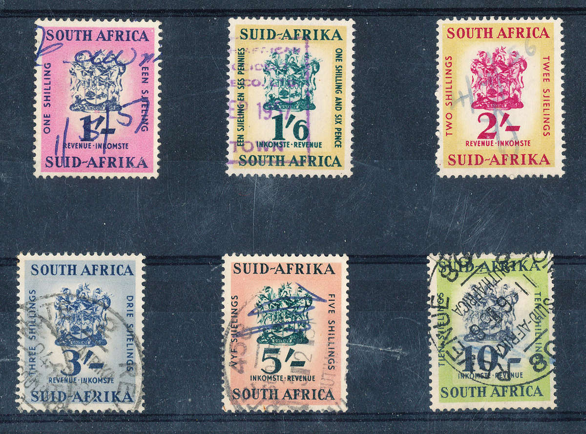 South Africa Revenue Stamps - 1954 - 60 - 1s to 10s used selection of 6 stamps . SACC B&H 92 .