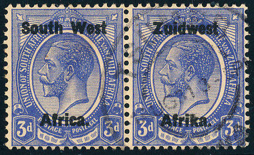 South West Africa - 1923 - Geo V - Ovpt Type 3 - 3d blue horiz pair fine used . SG 18 .