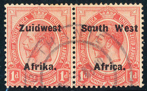 South West Africa - 1924 - Geo V Ovpt type 6a - 1d red horiz pair fine used . SACC 53 .