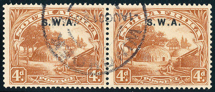 South West Africa - 1927-30 - Lon Picts Ovptd - 4d brown perf 14 horiz pair fine used . SG 85 .