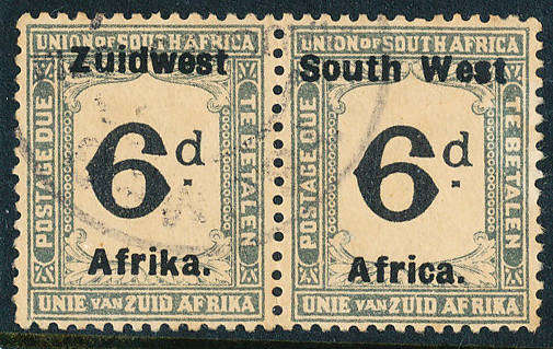 South West Africa Postage Dues - 1924 - Group 4 - 6d black & slate horiz pair fine used . SACC D 20.