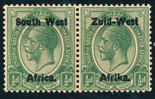 South West Africa - 1923 - Geo V Ovpt type 1 - ½d green horiz pair mint hinged . SACC 1 .