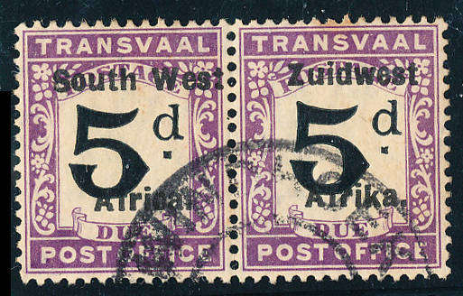 South West Africa Postage Dues - 1924-26 - 5d black & violet horiz pair fine used . SACC D 27 .