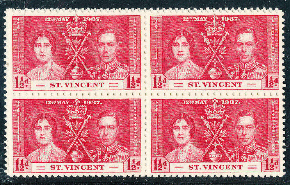 St. Vincent - 1937 - Coronation - set of 3 blks of 4 mint unhinged . SG 146-148 .