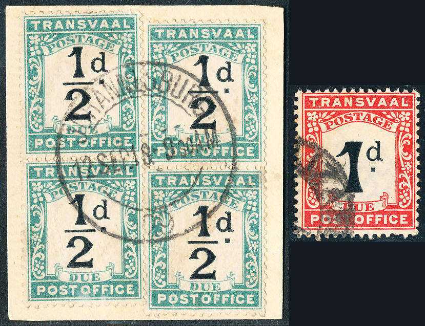 Transvaal Postage Dues - 1907 - ½d black & blue green four stamps with Jhb D/C Pmk, 1d single . D1 .
