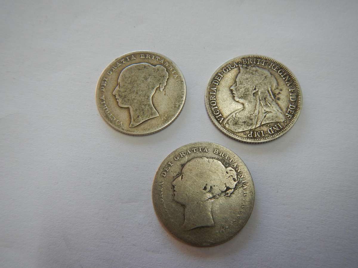 Three Silver Victorian one shilling coins /1bid for all