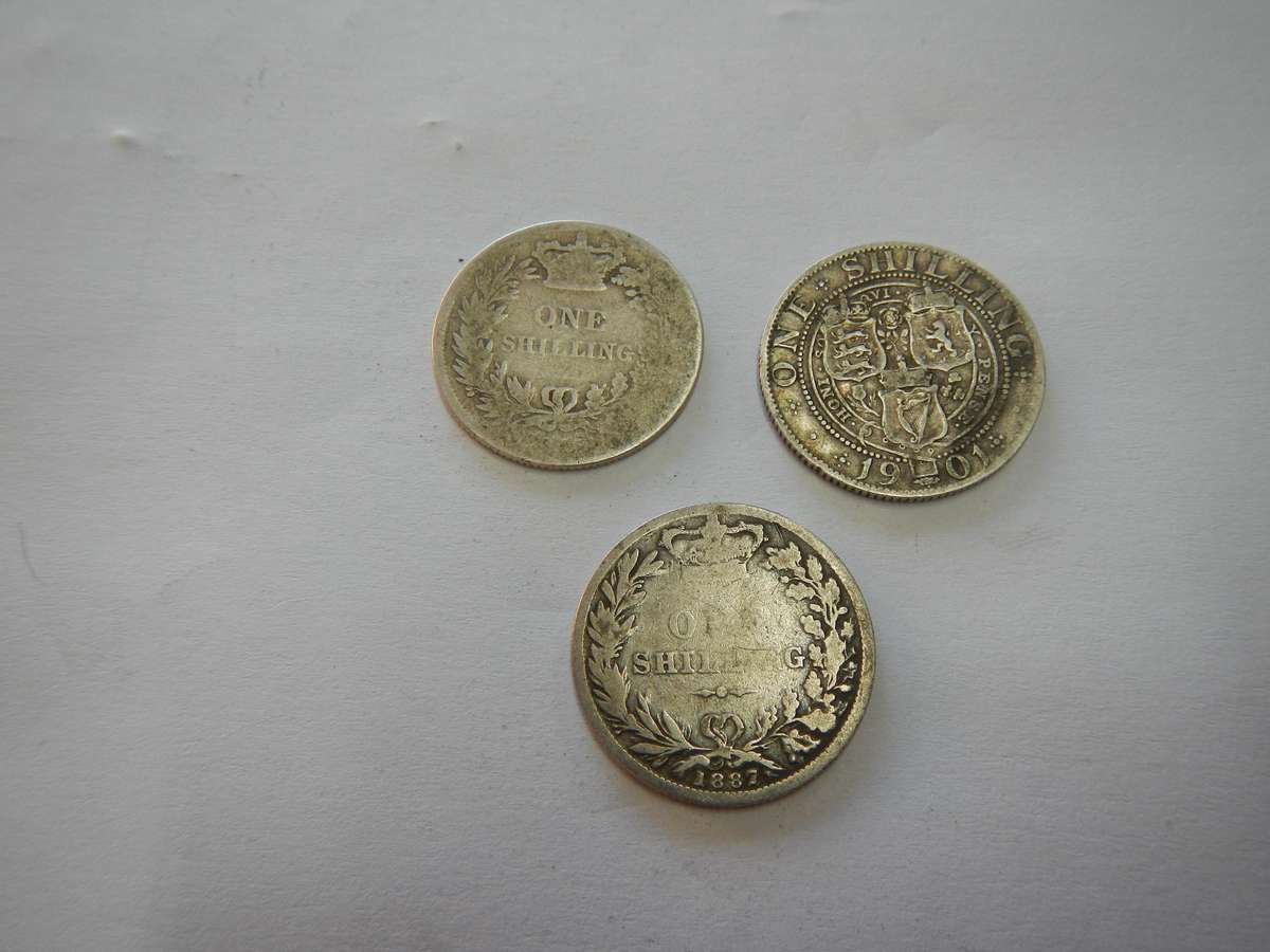 Three Silver Victorian one shilling coins /1bid for all