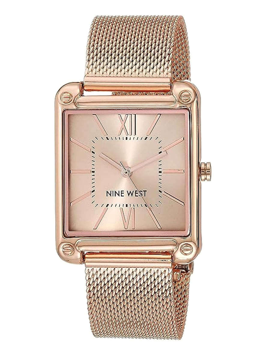 Nine West Womens Rectangle Face Mesh Bracelet Watch Rose Gold