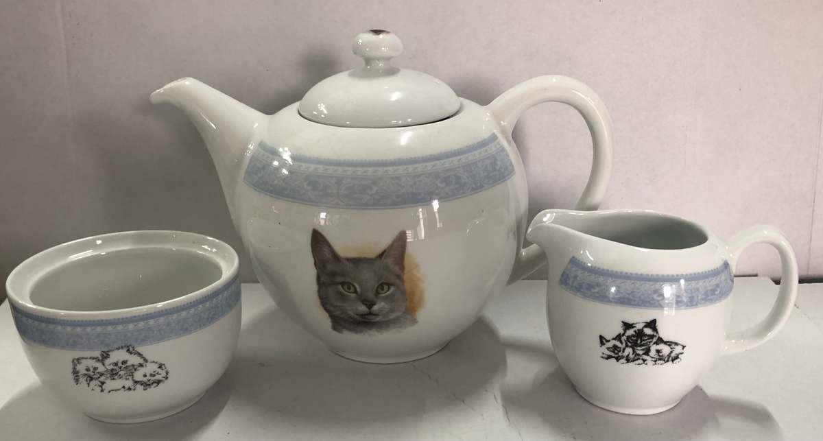Continental Fine China Teapot, Milk Jug and Sugar Bowl with Cat Detail