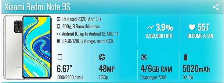 XIAOMI REDMI NOTE 9 S